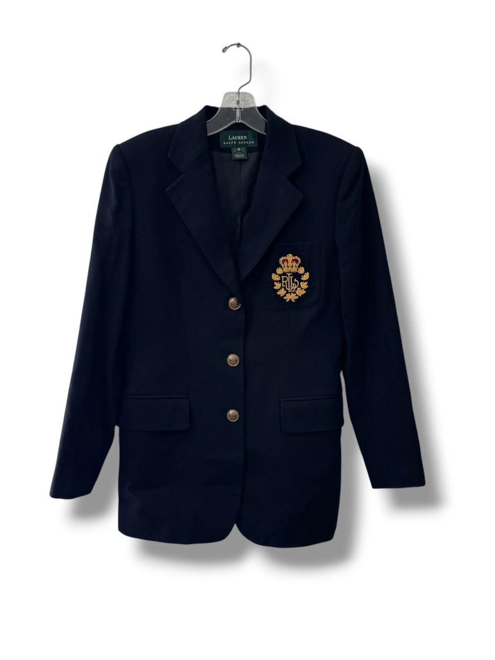 Vintage Ralph Lauren Polo Crest Wool Blazer 4 Navy Preppy Academic Chic